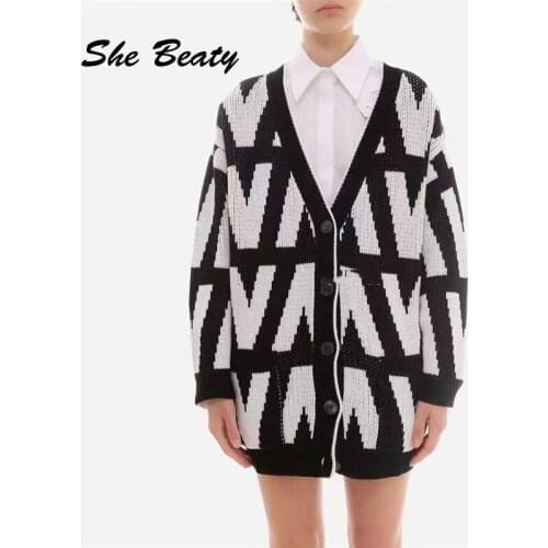 She Beaty Knitted Cardigans Women Sexy V-Neck Loose Casual Letters Long Sleeve High Street Sweater Coats Outwear Goth Clothes Za