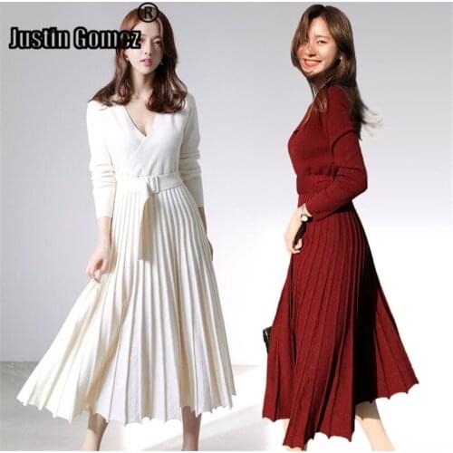 Long Knee Pleated V Neck Elegant Knit Women Fall Clothing Belt Gorgeous Ladies Jumper Women Extra Soft Natural Sweaters Woman