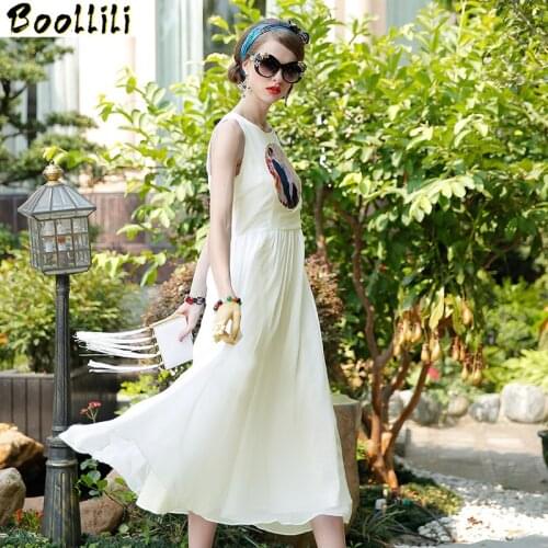 Boollili Real Silk Dress Women Summer Dress Korean Vintage Embroidery Beach Dress Elegant Party Dresses Woman Vestidos Mujer