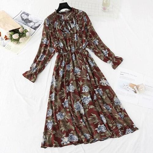 2020 Vintage Long sleeve Print Dress Spring Summer Midi Long Chiffon Party Women Dress elastic waist Vestido elegant dress