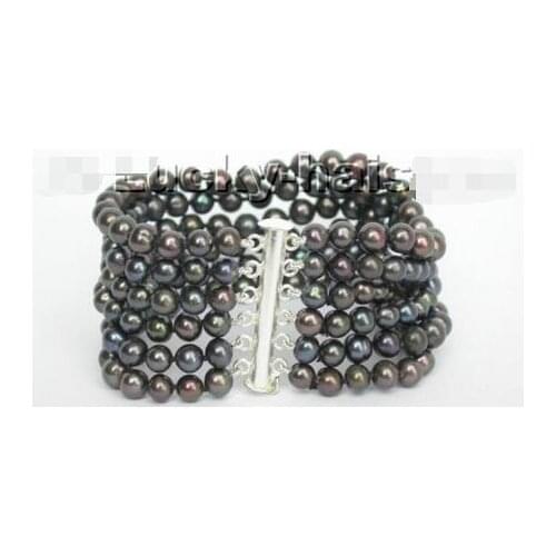 FREE SHIPPING HOT sell new Style >>>>Genuine 6row round black freshwater pearls Bracelet