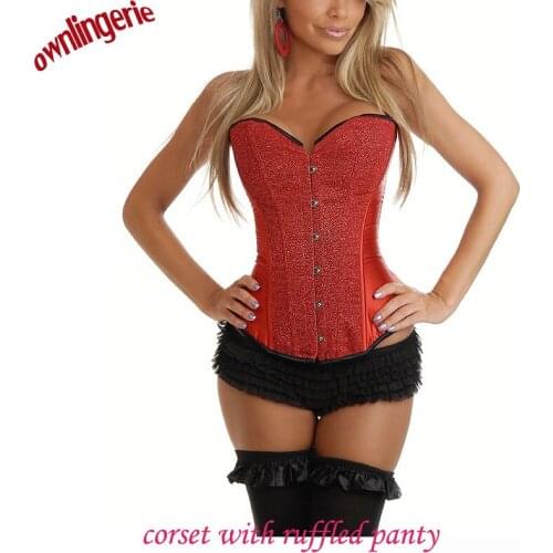 Free shipping and drop shipping bustier elegant red sequin corset+ruffled panty,women tops stain shapwear corset sets w7058