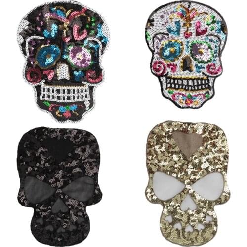 Big Embroidered Sequins Skull patches sew on transfers for clothing carton patch DIY jeans accessories Motif fashion appliqued