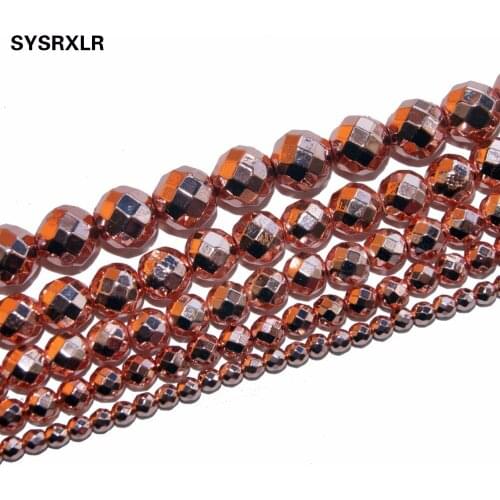 Natural Stone Beads Faceted Rose Gold Hematite Round Loose Beads For Jewelry Making Diy Bracelet Necklace 4 6 8 10 12 MM Strand