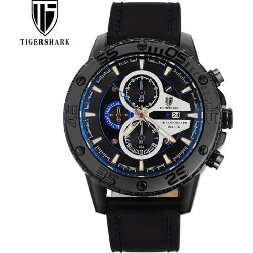 TIGERSHARK Mens Watches Chronograph Leather Strap Top Brand Sports Watche Luminous 30M Waterproof Fashion Watch Blue Color