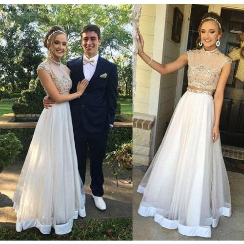 Two Pieces High Neck Evening Dress Cheap Beaded Crystals Formal Summer Holidays Wear Party Gown Custom Made Plus Size