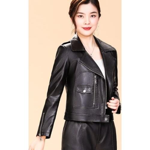 2021 Spring Autumn Ladies Motorcycle Leather Jackets Women Turn-down Collar Zipper Slim Black Moto & Biker Jacket Female Y503