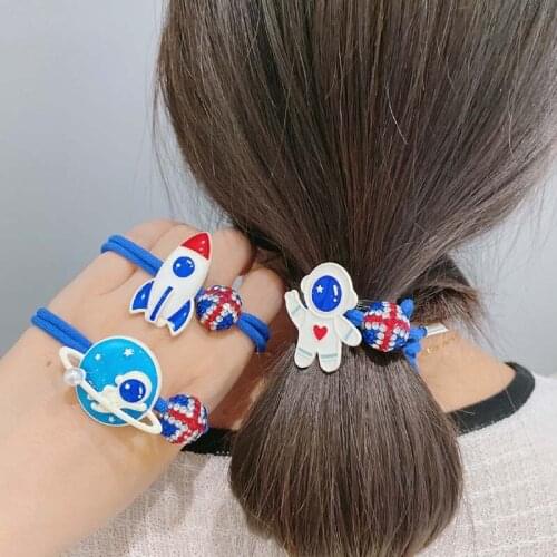 Cute Astronaut Planet Elastic Hair Bands Blue Flash Crystal Rhinestone Cartoon Ponytail Autumn Hair Accessories for Girls Gifts