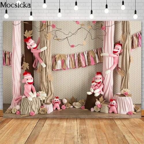 Mocsicka Pink Sock Monkey Cake Smash Photography Backdrops Chirldren Birthday Photo Props Studio Booth Background Flowers Decor