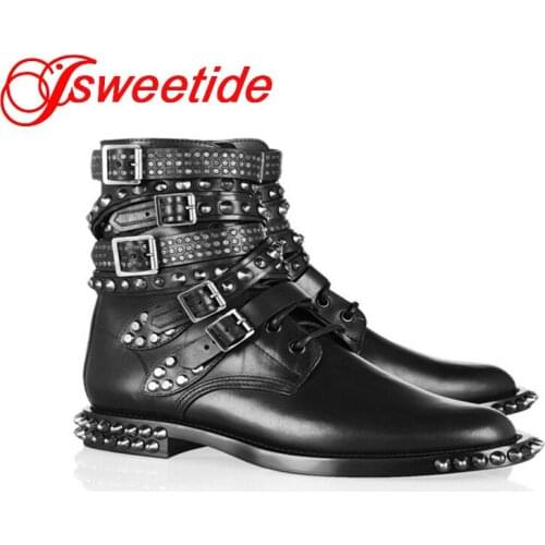 Fashion Thick Heel Boot Rivets Thick Sole Short Boots Women Motorcycle Boots Brand Genuine Leathe Biker Shoes High Quality Boots