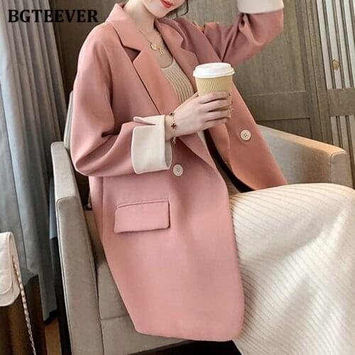 BGTEEVER Fashion Loose Double Breasted Women Blazer Elegant Full Sleeve Solid Female Suit Coats Ladies Jackets 2021 Autumn