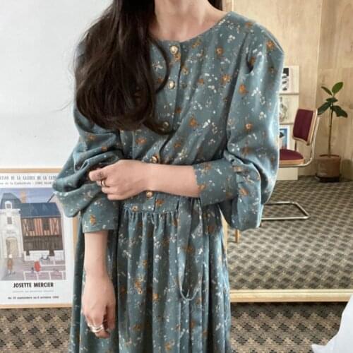 New Floral Print Dress 2021 Spring O-neck Single-breasted Women Lace-up Dress Elegant Loose Straight Ankle-length Vestidos 13437
