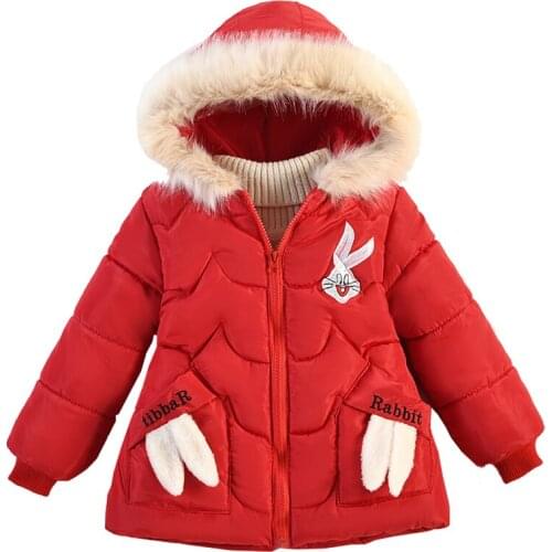 2021 new girls cute cartoon rabbit down jacket childrens solid color hooded cotton padded jacket with plush thickened jacket