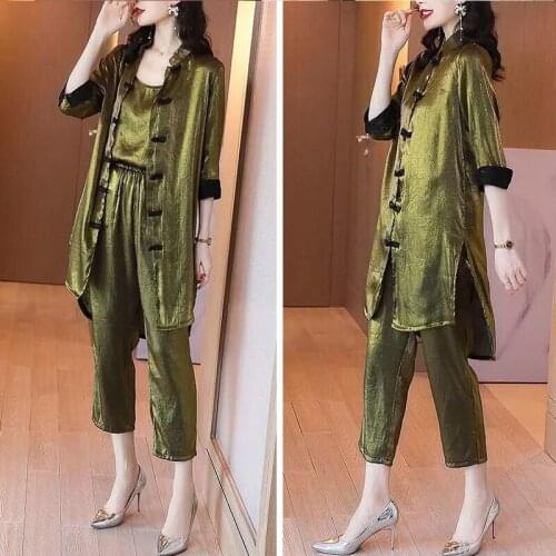 Early Spring 2021 New Year Clothes Fashion Womens Retro Tang Net Red Three Piece Suit Argyle Set Beach Outfits Joskaa Hot Sale