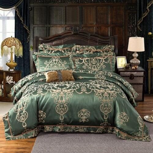 Luxury green Bedding set Stain Jacquard Cotton Lace Double King Queen size Bed sheet set Duvet cover Fit sheet Pillowcase 4/6pcs