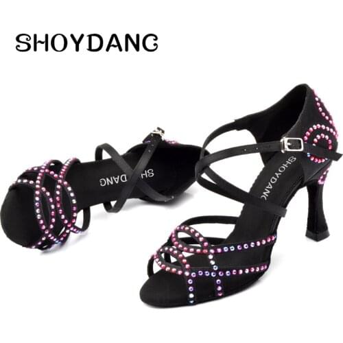 SHOYDANC zapatos de baile latino mujer latin Dance Shoes Women Silk Satin Profession Salsa Dance Shoes Rhinestone Dance Shoes