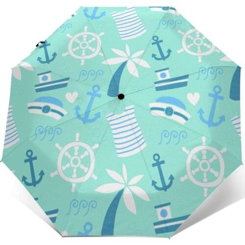 Wind Resistant Fully-Automatic Umbrella Blue Sailing Elements Rain 3 Folding Parasol Travel Car Umbrella