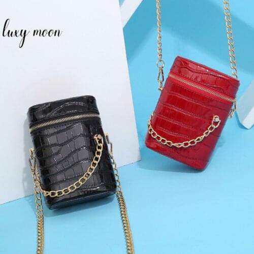 PU Leather Womens Small Shoulder Bag Luxury Crocodile Pattern Barrel-shaped Fashion Purse Chain Handbag ZD2069