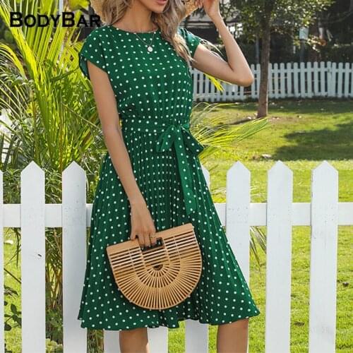 Bohemian Style Polka Dot Women Short Dress Bandage Elegant Short Sleeve Dresses Casual Party Midi Dresses Green Ladies Clothing