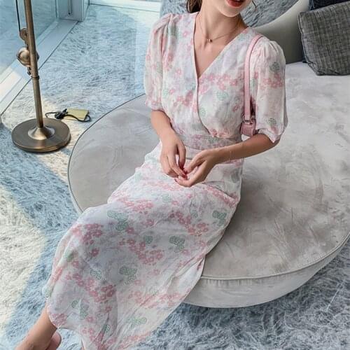 Women Long Chiffon Floral Dress Boho Tropical Casual Beach Vacation Dresses Summer 2021 Runway Elegant Korean Party Night Dress