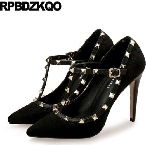 12 44 pumps snake wine red kitten 10 42 stud pointed toe rivet t strap ladies low heels shoes women high big size snakeskin 8cm