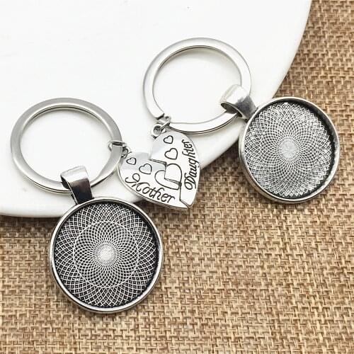1Set MOM With Daughter Keychains Flower Cabochon Base Fit Round 25mm Keychain Alloy Key Rings Jewelry Finding Diy Making