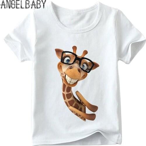 Children Funny Giraffe Cartoon Design T shirt Boys and Girls Summer Short Sleeve Tops Kids Soft White T-shirt,HKP2159