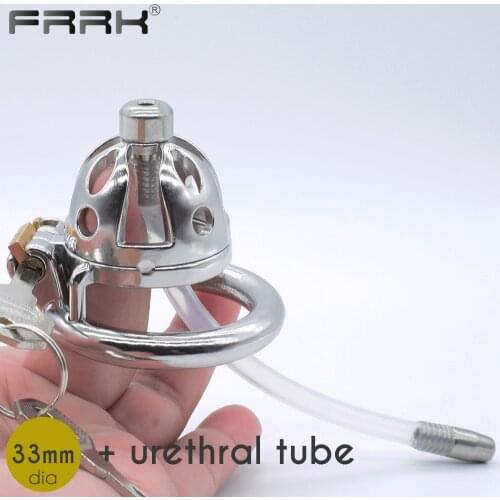 FRRK Steel Chastity Cage with Urethral Catheter Cock Lock Male Bondage BDSM Sex Toys for Him Anillo Intimate Penis Ring