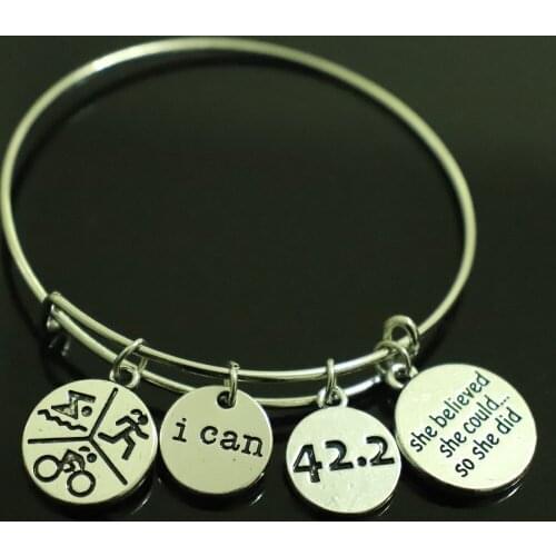 Hot triathlon sport label pendant bracelet i can & 42.2 ancient metal pendant handcrafted adjustable wire bangle