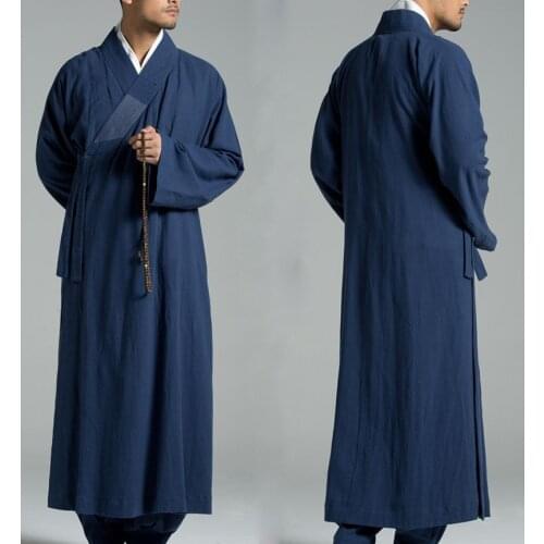 Unisex Summer&Spring high quality linen&cotton shaolin monk kung fu robe buddhist zen lay meditation clothing buddha suits blue