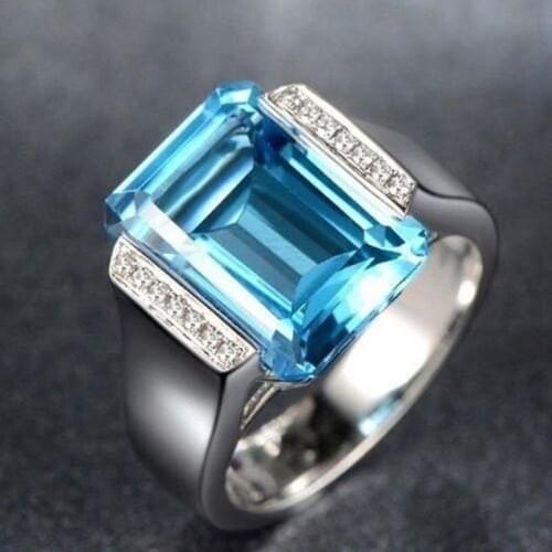 Classic Square Cut Sea Blue Gems Wedding Ring White Gold Filled Zircon Crystal Cocktail Party Men Women Engagement Ring Jewelry