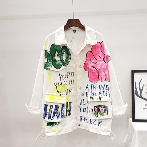 Streetwear Spring Women White Denim jacket Fashion Personality Graffiti Print Casual Jean jacket Female Hip-hop style Jeans coat