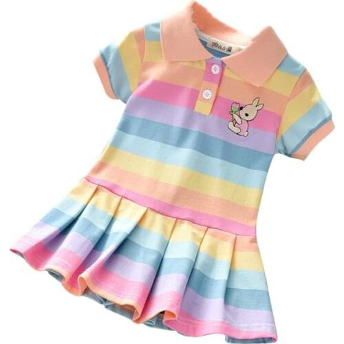 Girls Summer Rainbow Stripe Prints Bunny Short Sleeve Polo Dress for 2-7 Years Kids Cute Sweet Girlish Clothes