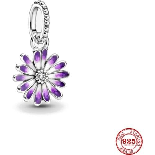 New Original Silver Color 2021 Purple Daisy Dangle Diy Beads Fit European Charms Bracelet Bangles Diy Jewelry P335
