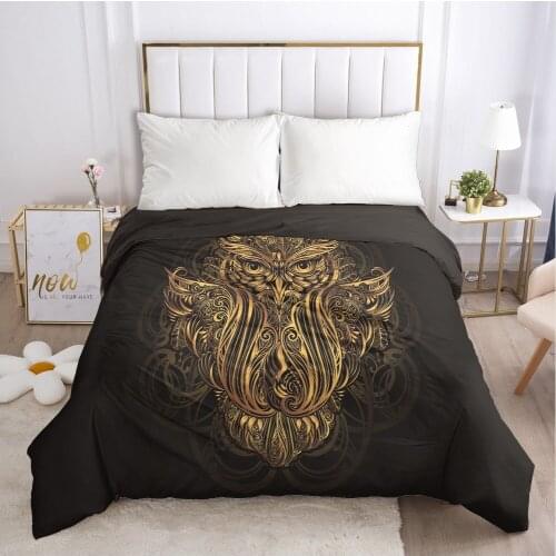 Custom Duvet Cover with Zipper Comforter/Quilt/Blanket Case Queen/King 240x220 260x220 140x210 3D Bedding Black Golden owl