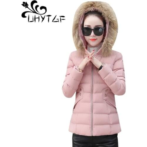UHYTGF Down Jacket Women Cotton Slim Short Coat Winter Jacket Women Parka Overcoat Warm Fur collar Hooded Cotton-padded Coat 149