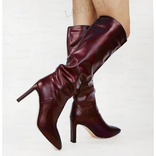 LAIGZEM SUPER Women Knee High Boots Pull On 8CM Thick High Heels Boots Comfortable Ladies Handmade Shoes Woman Big Size 39 42 43