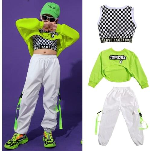 2020 Hip Hop Dance Clothing For Girls Green Top Hiphop Pants Festival Clothing Sports Suit Jazz Street Dance Wear Kids DQS3948