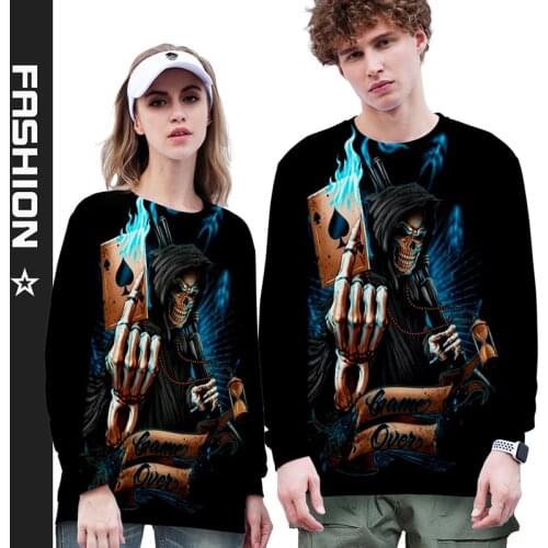 Skull Flame Poker 3d Hoodies Pullover Costume Fashion Men Women Capless Sweatshirts Long Sleeve O-neck Couple 3D Hoodie Tops 4XL