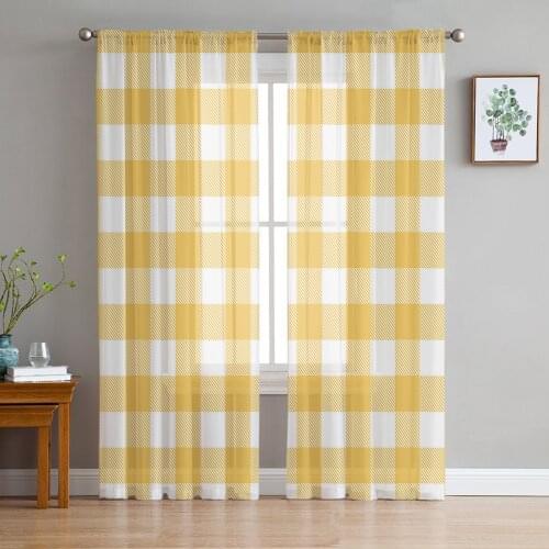 Yellow White Plaid Window Treatment Tulle Modern Sheer Curtains for Kitchen Living Room the Bedroom Curtains Decoration