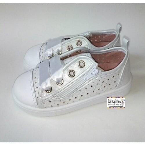 Zapy for kids white canvas shoes with toe and satin ties