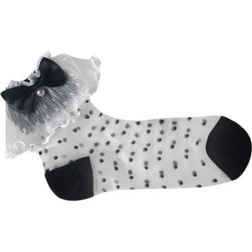 Women Girls Sweet Ruffle Lace Ankle Socks Sheer Mesh Glass Fiber Bow Vintage Lolita Princess Thin Cool Anklet Hosiery