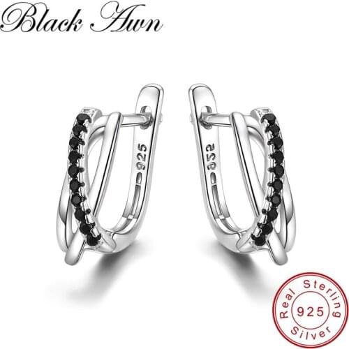 2019 Hot Classic Genuine 925 Sterling Silver Jewelry Black Spinel Stone Cute Hoop Earrings for Women Bijoux Femme I023