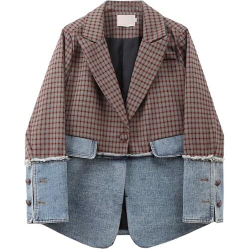 New fashion plaid hit color design Leisure blazer female chic Korean version irregular outerwear blazer F1401