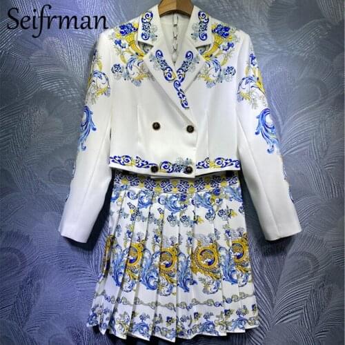 Seifrmann Women Summer Fashion Designer Skirt Set Long Sleeve Double Breasted Short Blouses+Pleated Short Skirt Two Pieces Suit