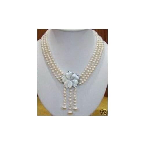 Women Gift word 3Rows 7-8mm White Pearl flowerclasp pendant Necklace Genuine Natural freshwater 925 noble ladys