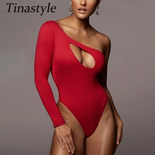 Tinastyle One Shoulder Hollow Out Sexy Bodysuit Women Long Sleeve One Piece Jumpsuit Spring Skinny 2021 New Casual Clothes Body
