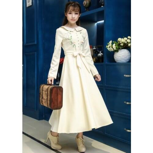 Free Shipping Vintage Style High Quality New Arrival Peter Pan Collar Button Decorated Embroidery Long Sleeve Woman Long Dress