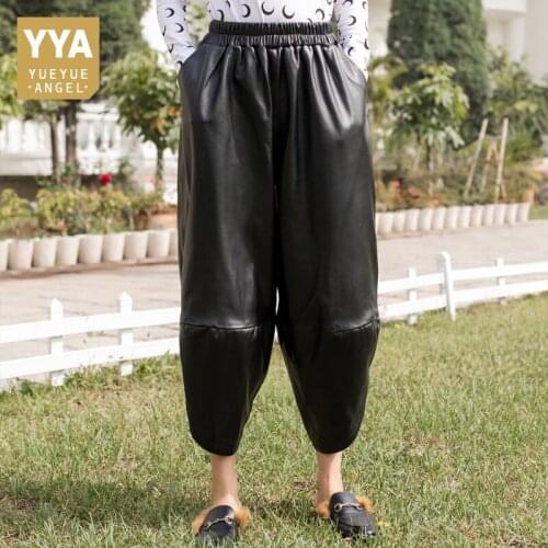 Winter New Elastic Waist Baggy Plus Size Real Leather Pants Women Casual Loose Genuine Sheepskin Leather Trousers Harem Pants