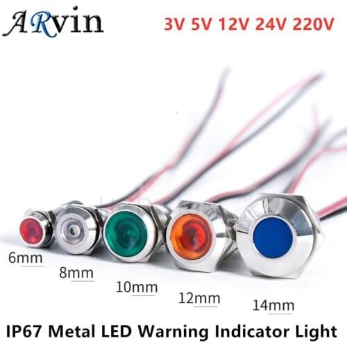 1pcs 6mm 8mm 10mm 12mm 14mm 16mm Waterproof IP67 Metal LED Warning Indicator Light Signal Lamp Pilot Wire 3V 5V 12V 24V 220V